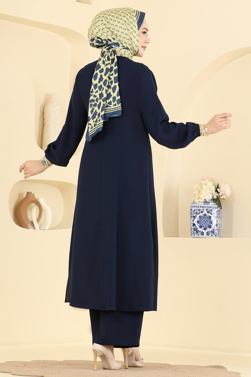 Woven Two-Piece Set with Decorative Buttons - Navy