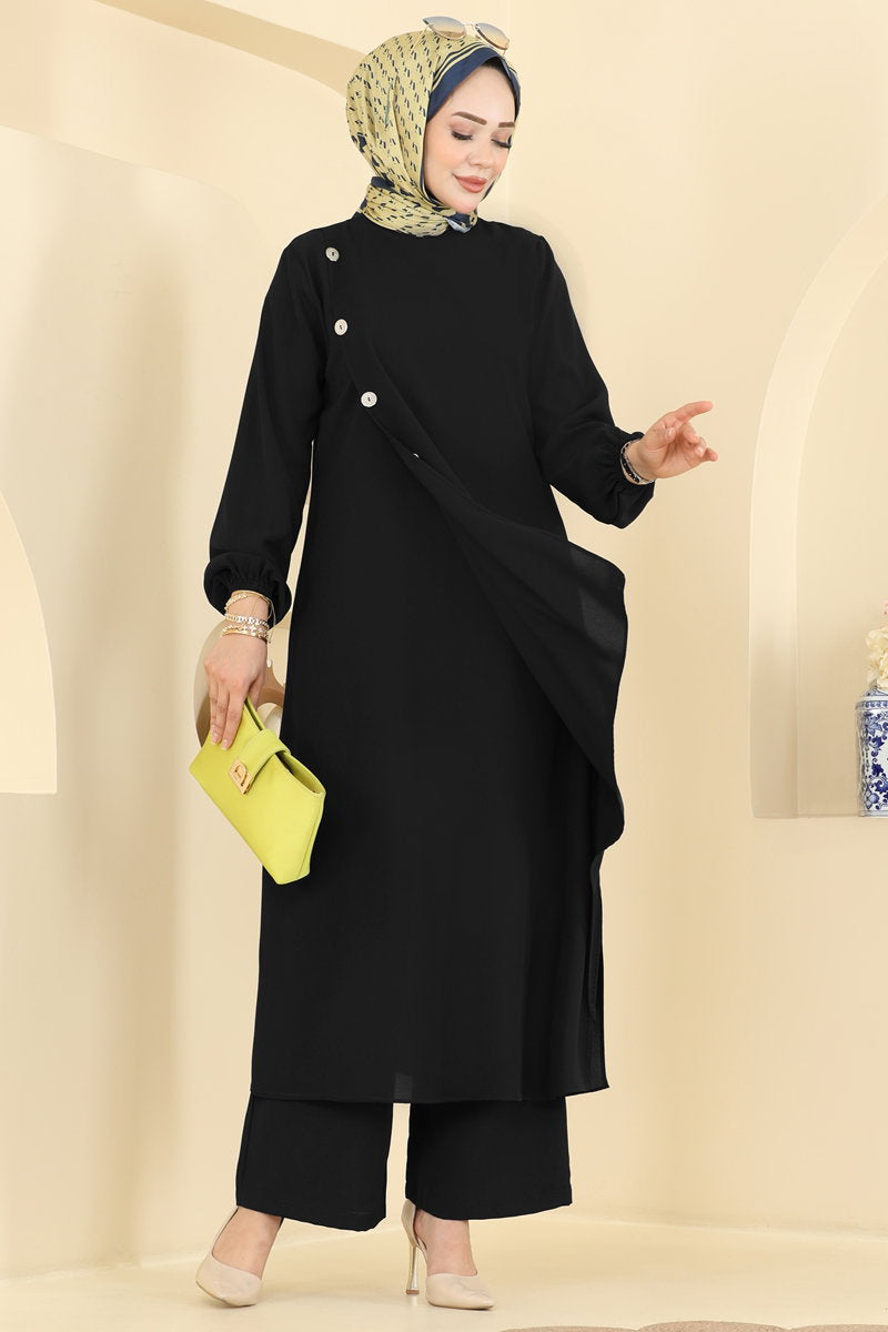 Woven Two-Piece Set with Decorative Buttons - Black