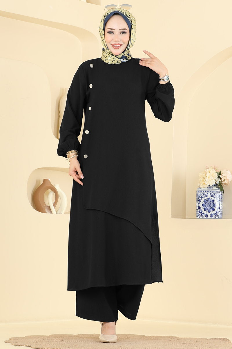 Woven Two-Piece Set with Decorative Buttons - Black