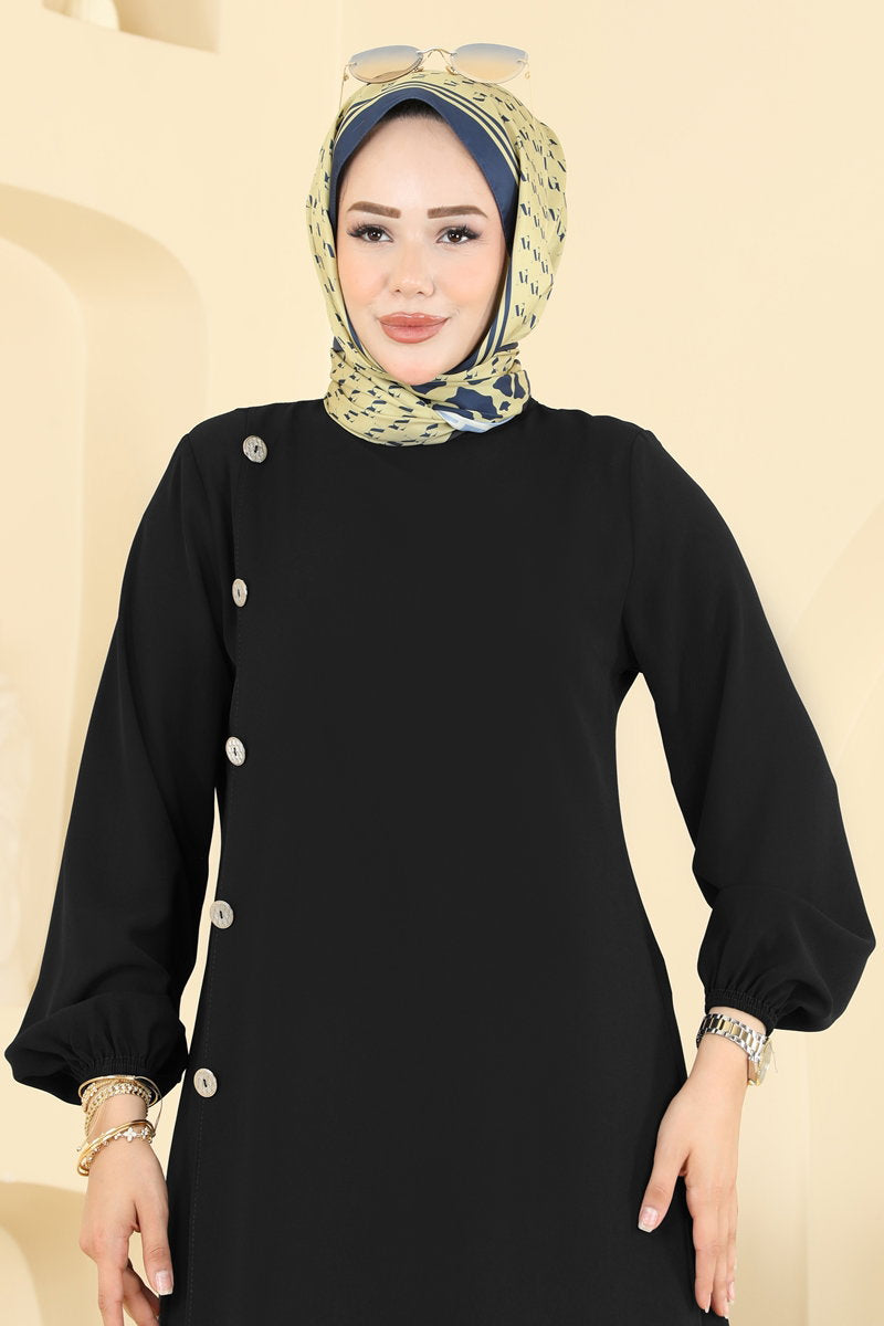 Woven Two-Piece Set with Decorative Buttons - Black