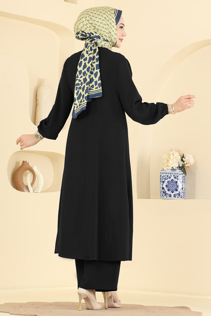 Woven Two-Piece Set with Decorative Buttons - Black