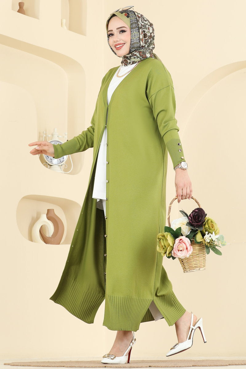 Mercerised Cardigan with Decorative Buttons - Olive
