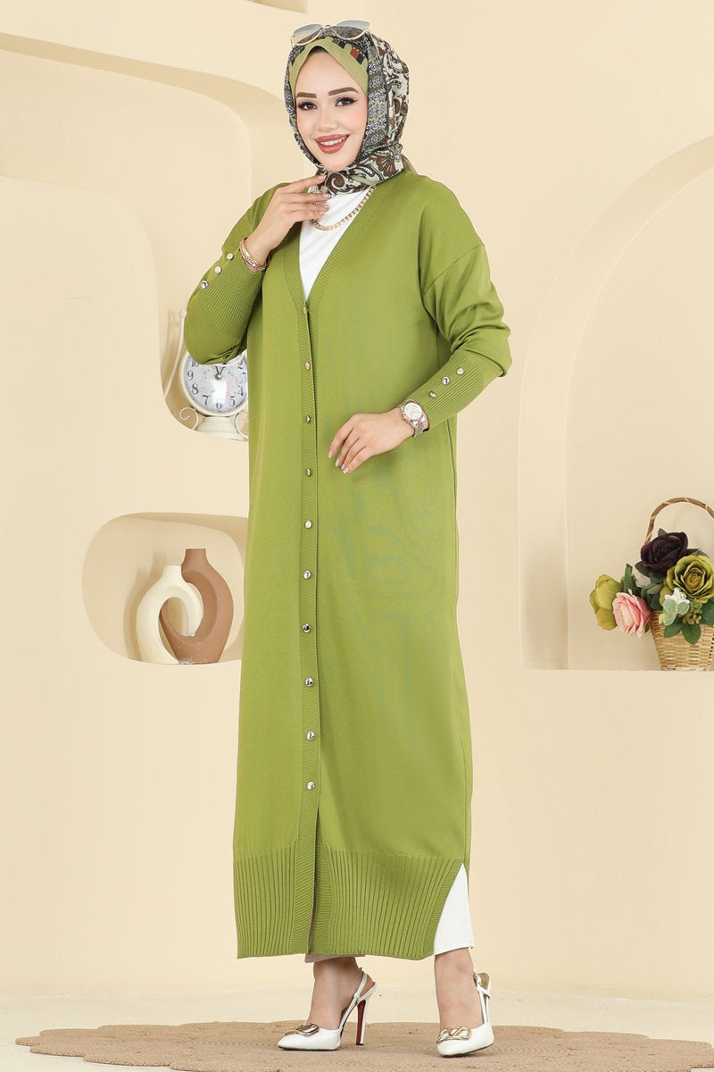 Mercerised Cardigan with Decorative Buttons - Olive
