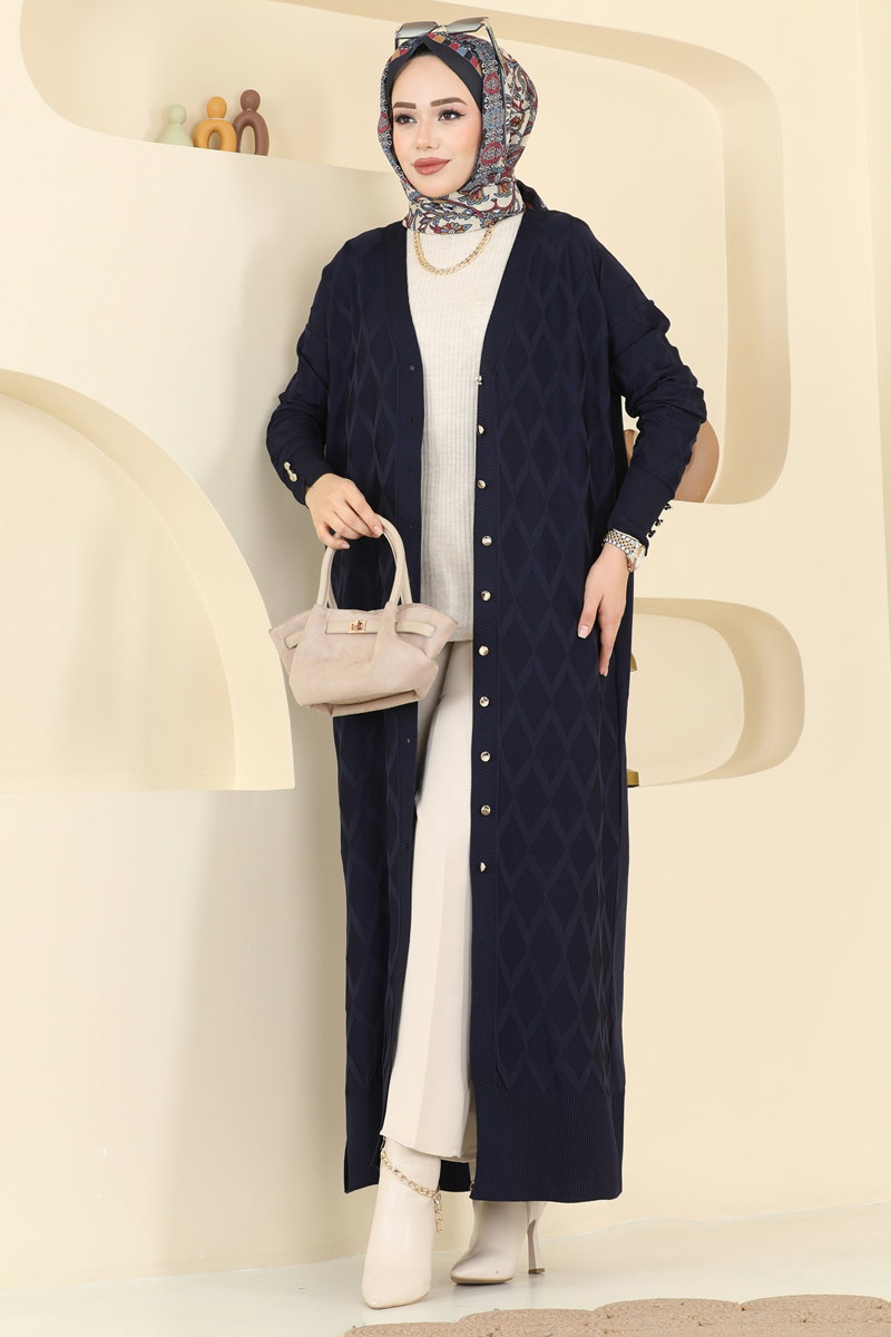 Mercerised Knit Cardigan with Decorative Buttons - Navy