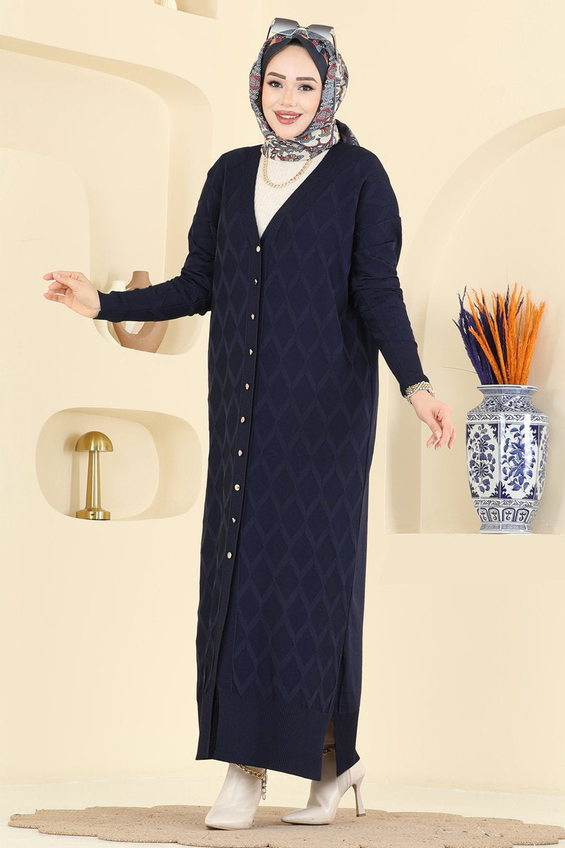 Mercerised Knit Cardigan with Decorative Buttons - Navy