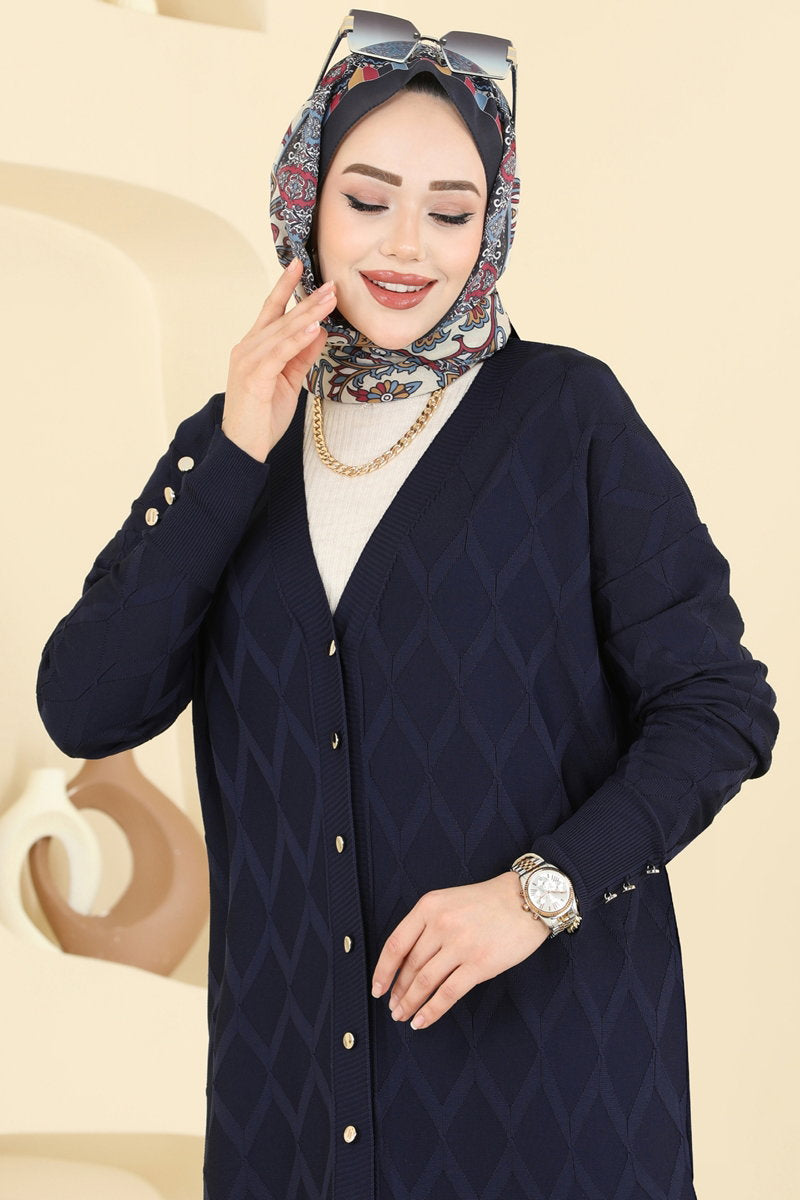 Mercerised Knit Cardigan with Decorative Buttons - Navy