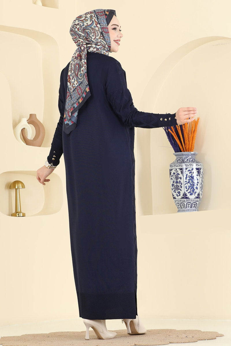 Mercerised Knit Cardigan with Decorative Buttons - Navy