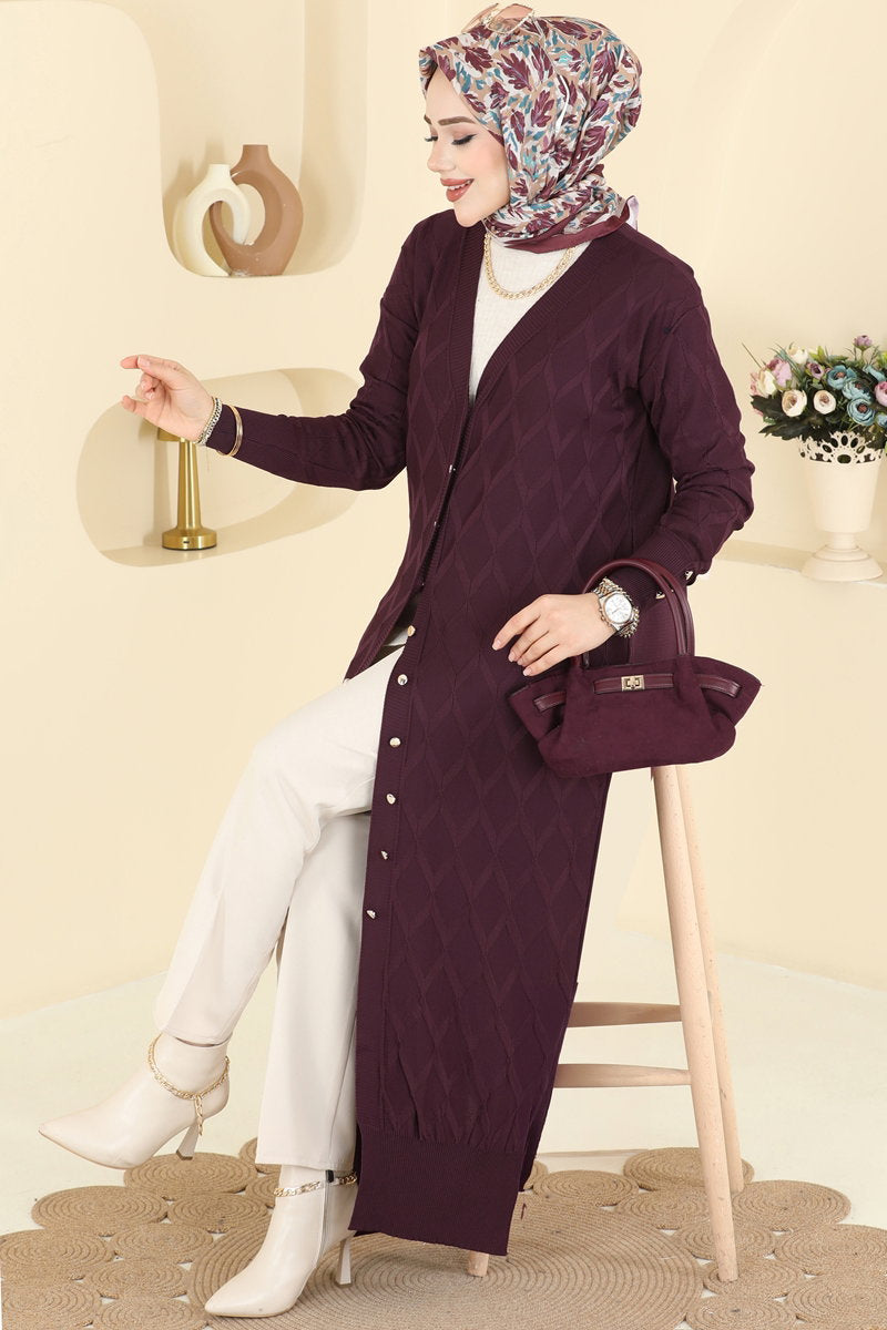 Mercerised Knit Cardigan with Decorative Buttons - Plum