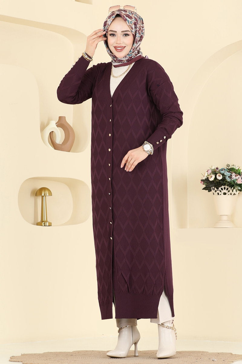 Mercerised Knit Cardigan with Decorative Buttons - Plum