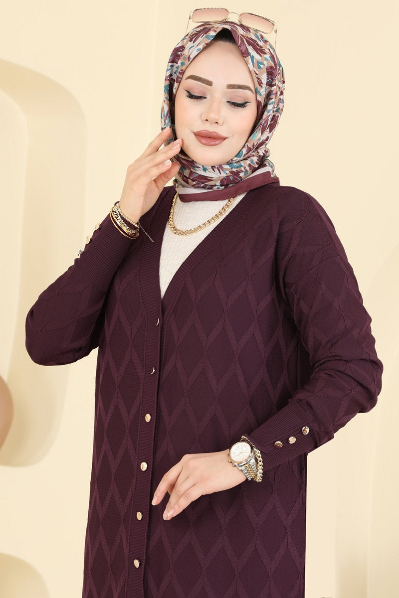 Mercerised Knit Cardigan with Decorative Buttons - Plum