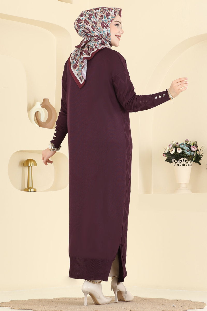 Mercerised Knit Cardigan with Decorative Buttons - Plum