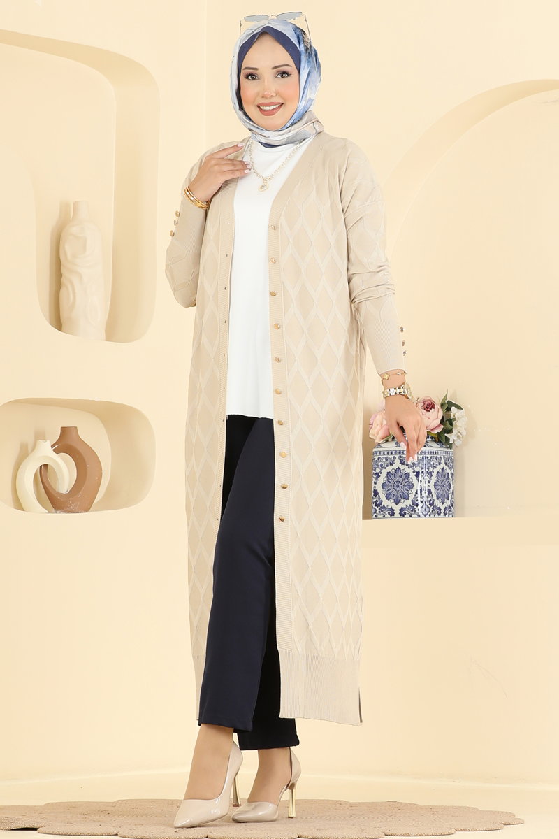 Mercerised Knit Cardigan with Decorative Buttons - Stone