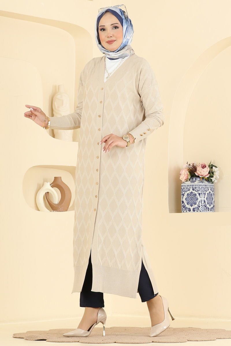 Mercerised Knit Cardigan with Decorative Buttons - Stone