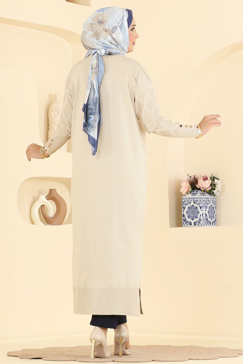 Mercerised Knit Cardigan with Decorative Buttons - Stone