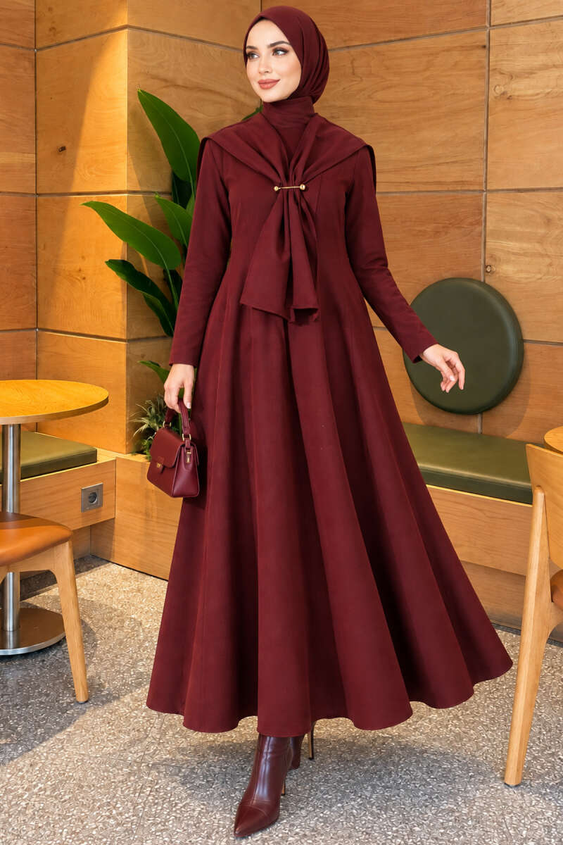 Flared Dress with Cape Collar and Accessory - Burgundy