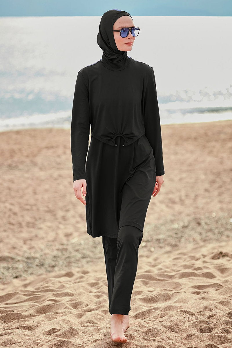 Full-Coverage Modest Swimsuit with Trim - Black