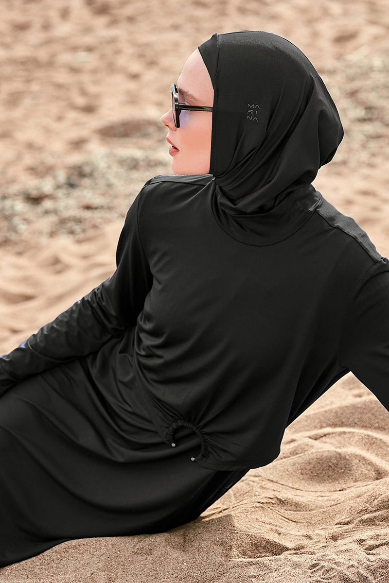 Full-Coverage Modest Swimsuit with Trim - Black