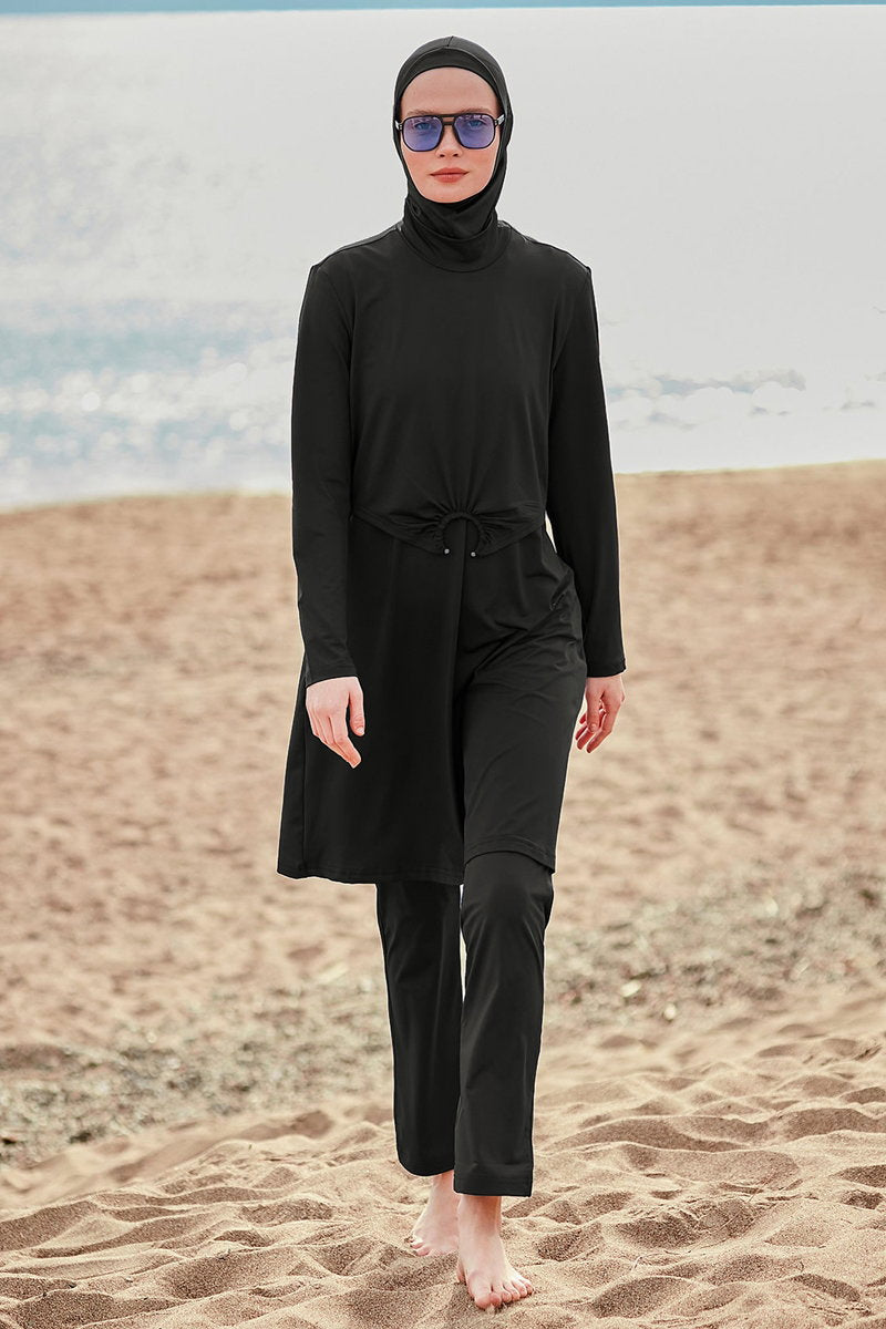 Full-Coverage Modest Swimsuit with Trim - Black