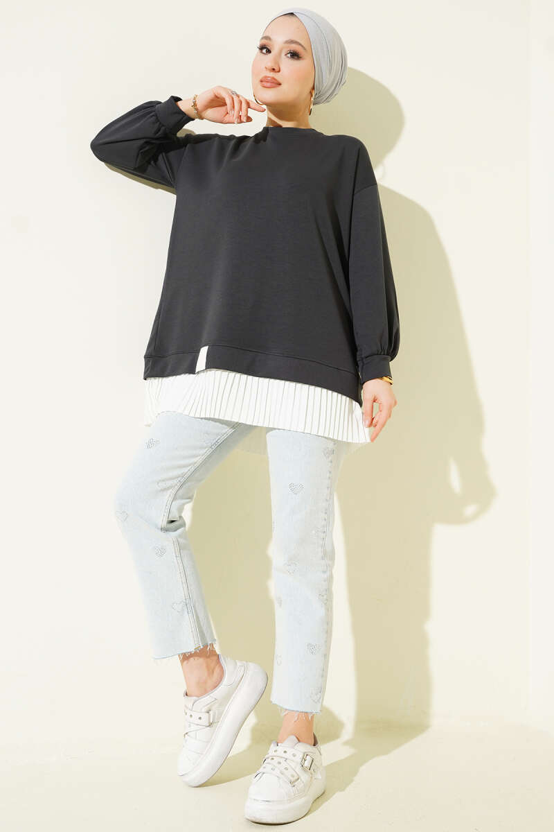 Loycha Tunic with Plissé Hem - Charcoal