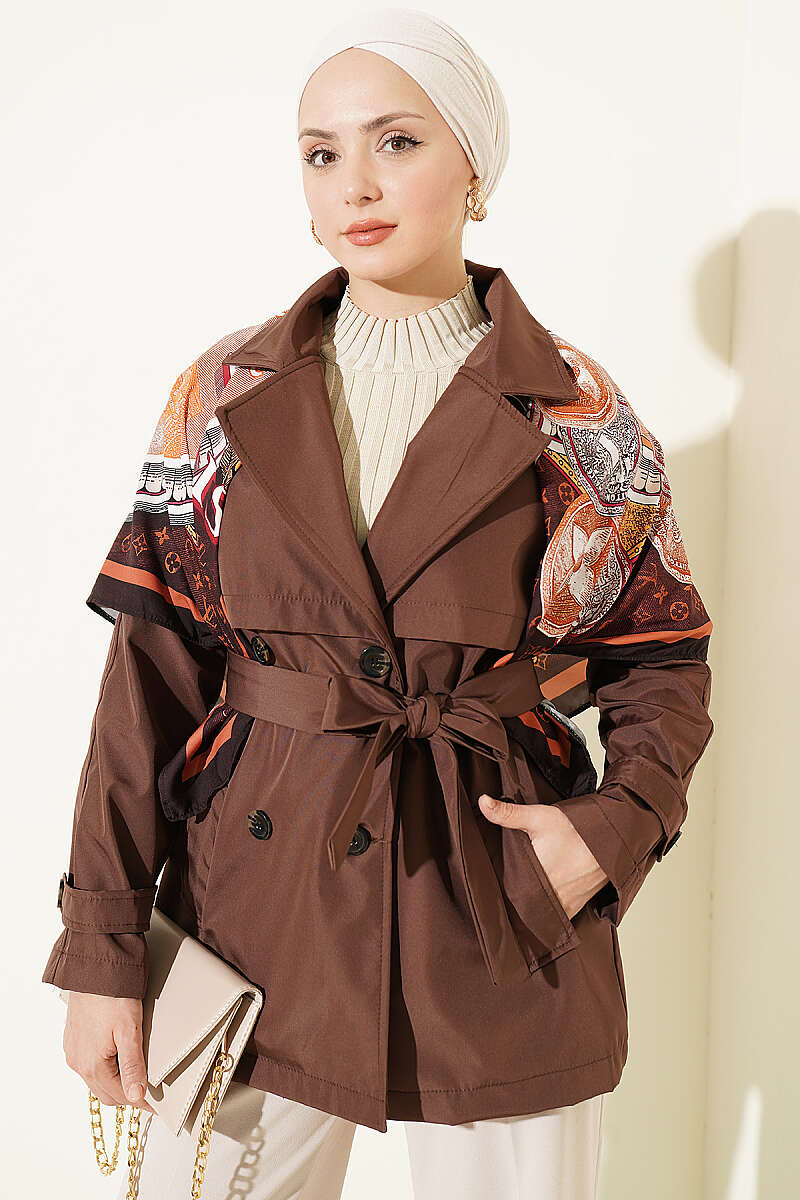 Short Button Trench Coat with Epaulettes - Brown