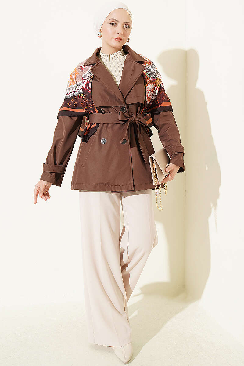 Short Button Trench Coat with Epaulettes - Brown