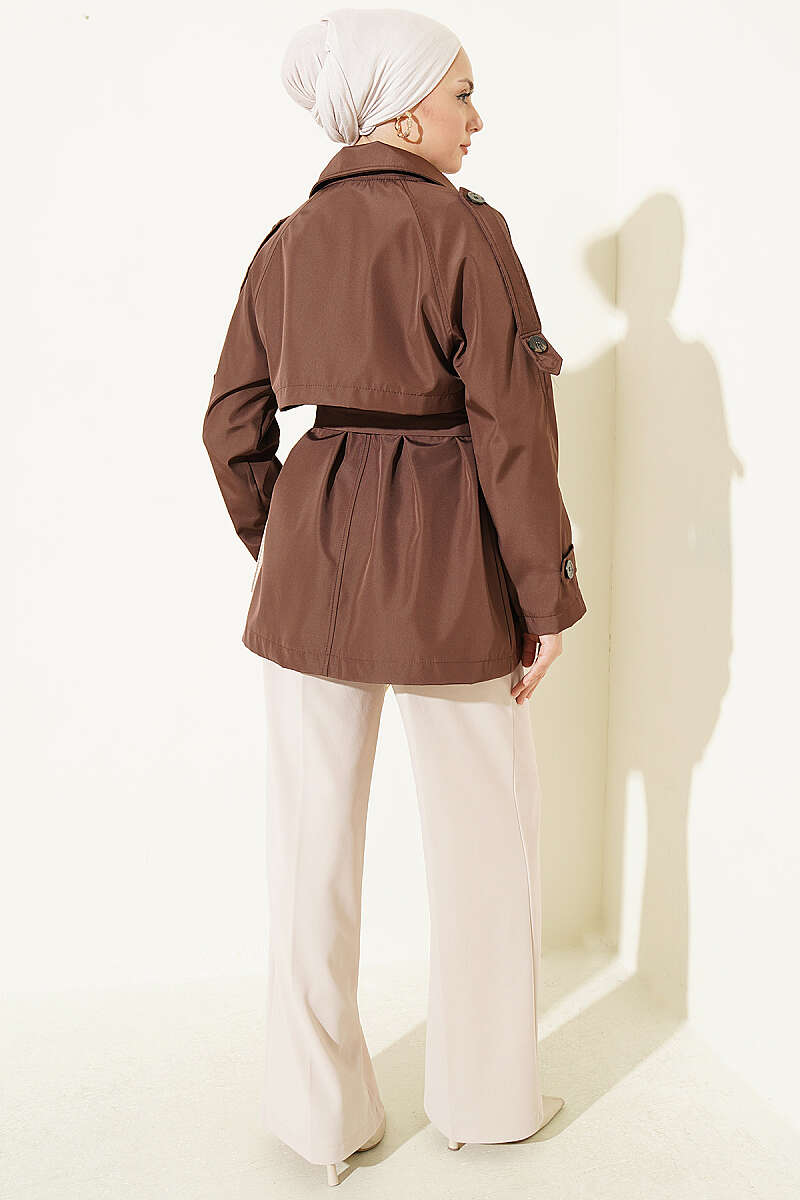 Short Button Trench Coat with Epaulettes - Brown