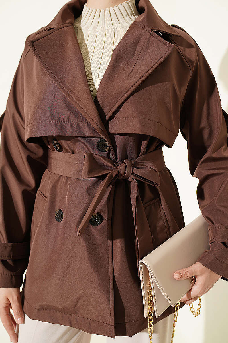 Short Button Trench Coat with Epaulettes - Brown