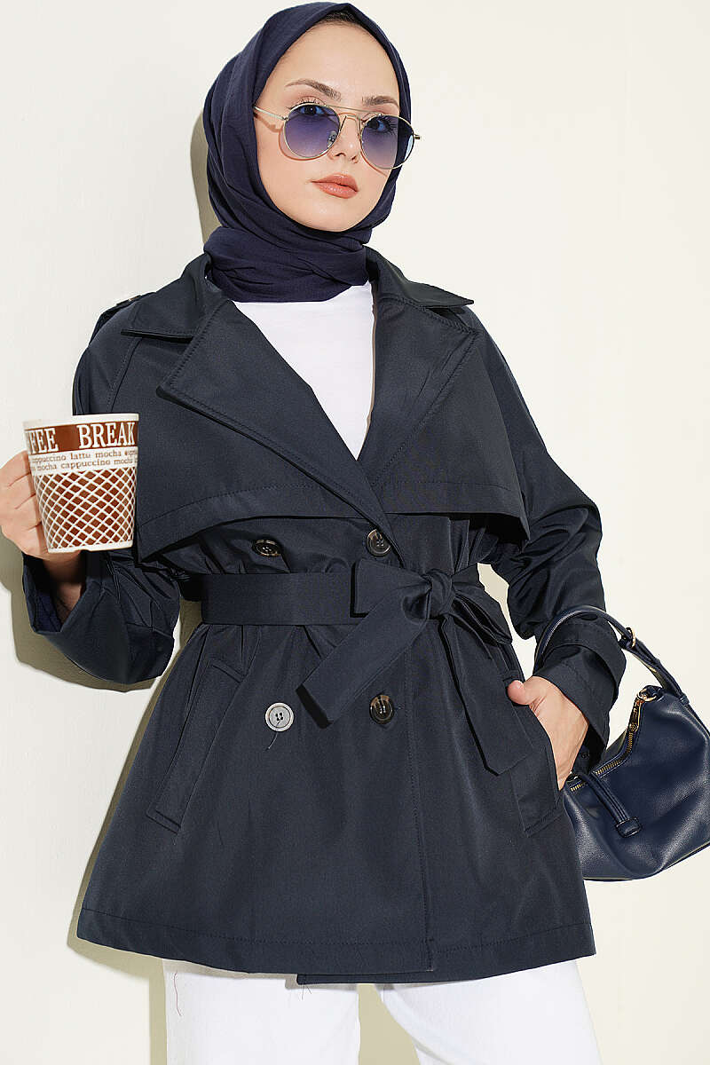Short Button Trench Coat with Epaulettes - Navy