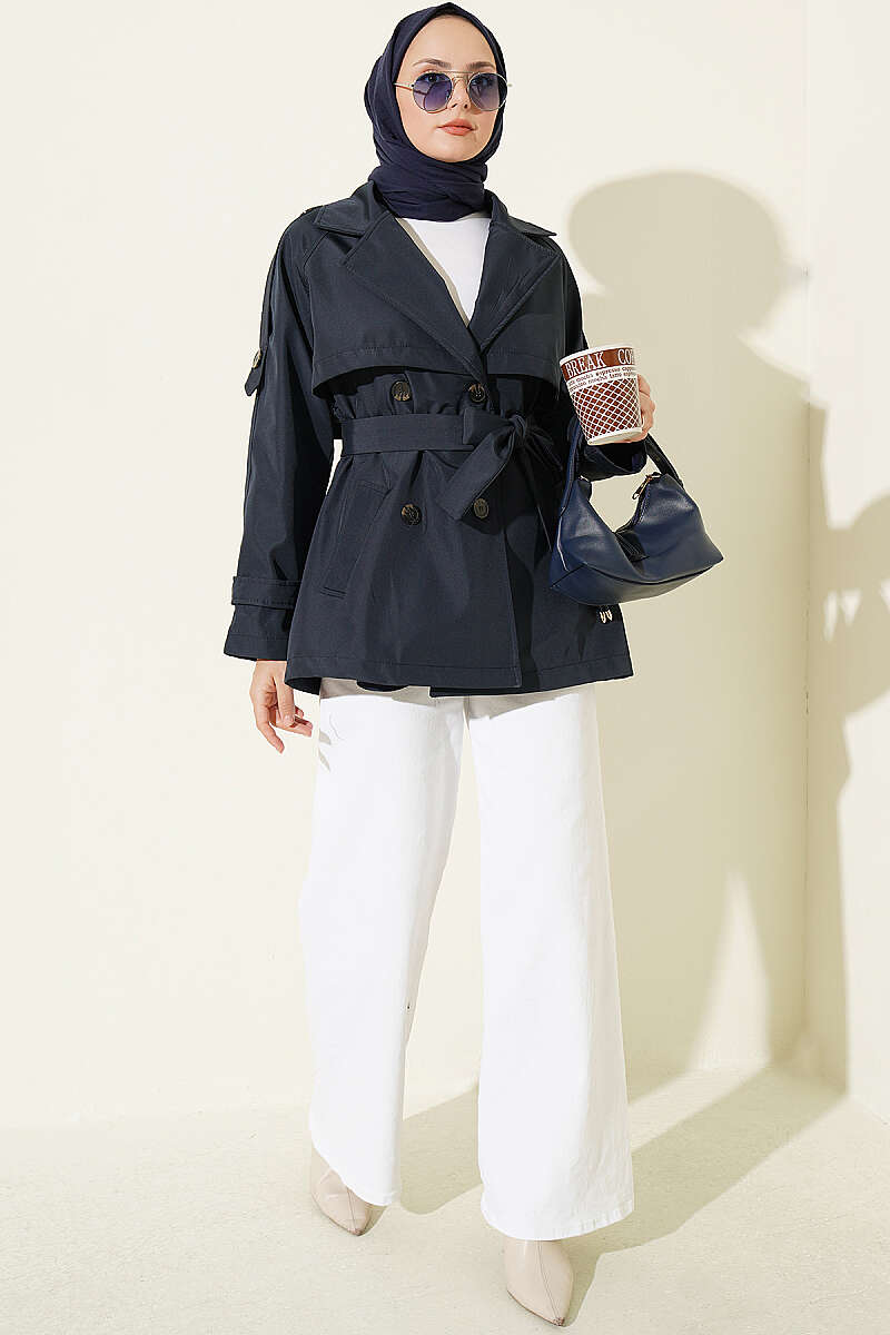 Short Button Trench Coat with Epaulettes - Navy