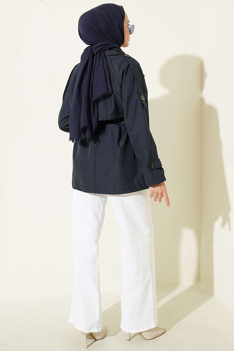Short Button Trench Coat with Epaulettes - Navy