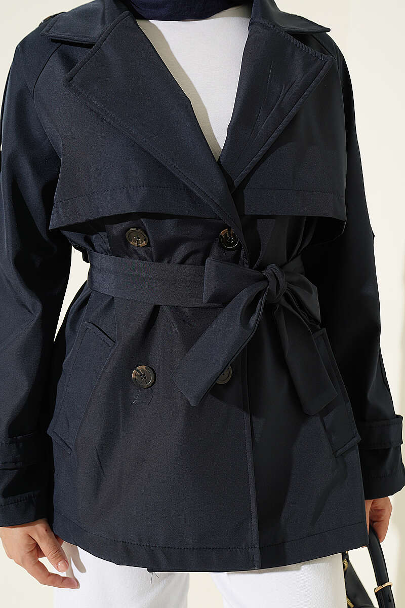 Short Button Trench Coat with Epaulettes - Navy