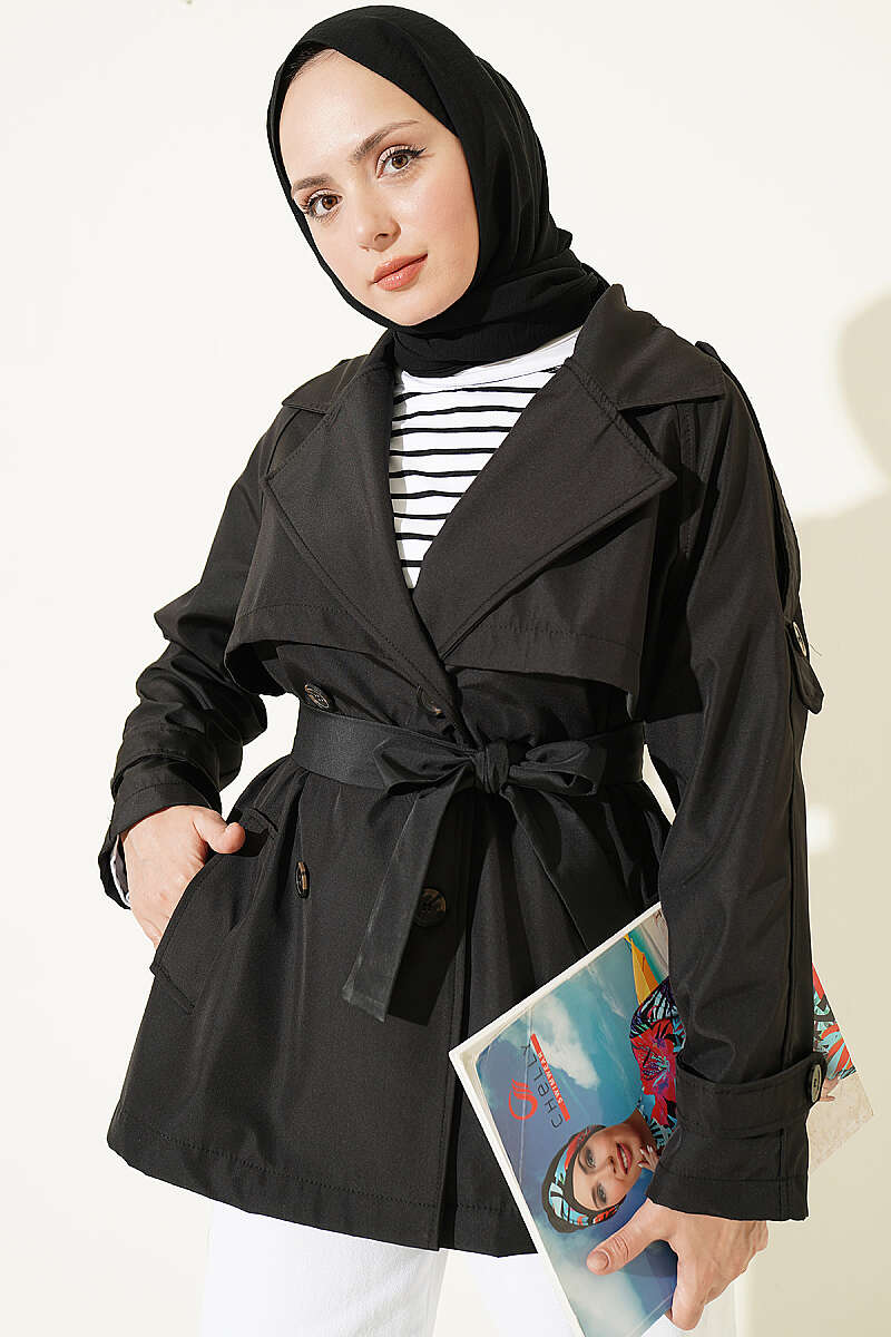 Short Button Trench Coat with Epaulettes - Black