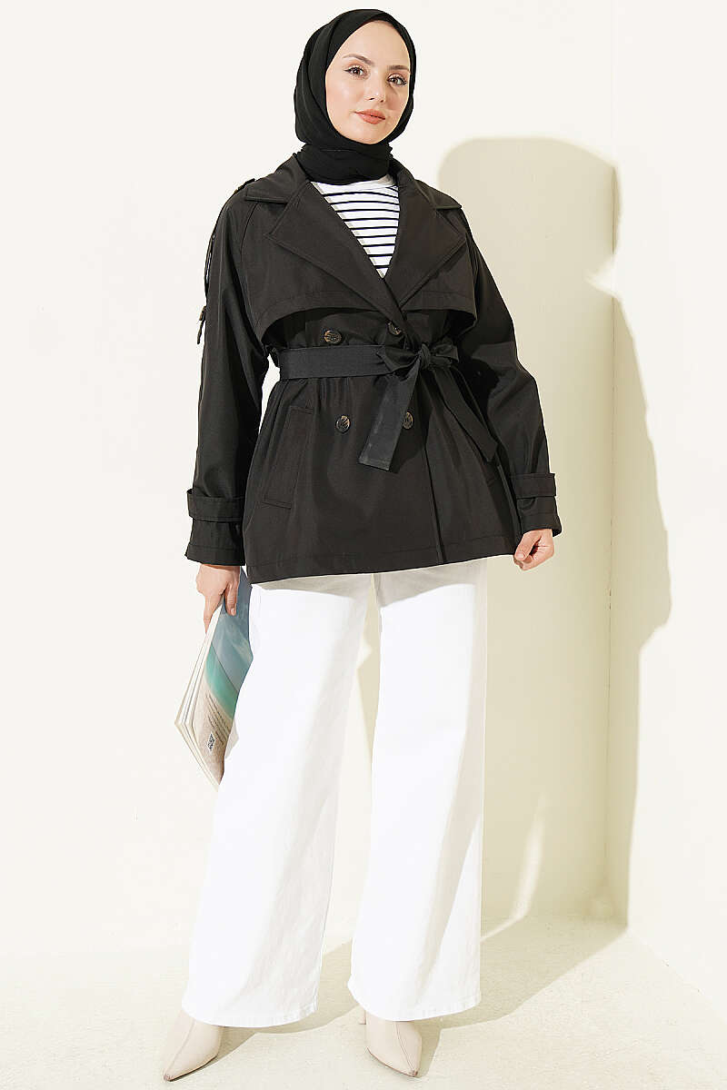 Short Button Trench Coat with Epaulettes - Black