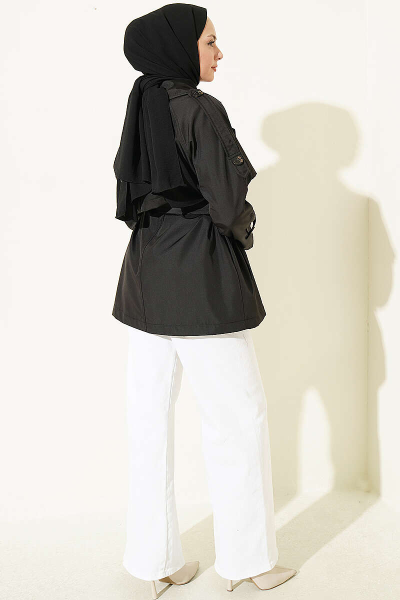 Short Button Trench Coat with Epaulettes - Black