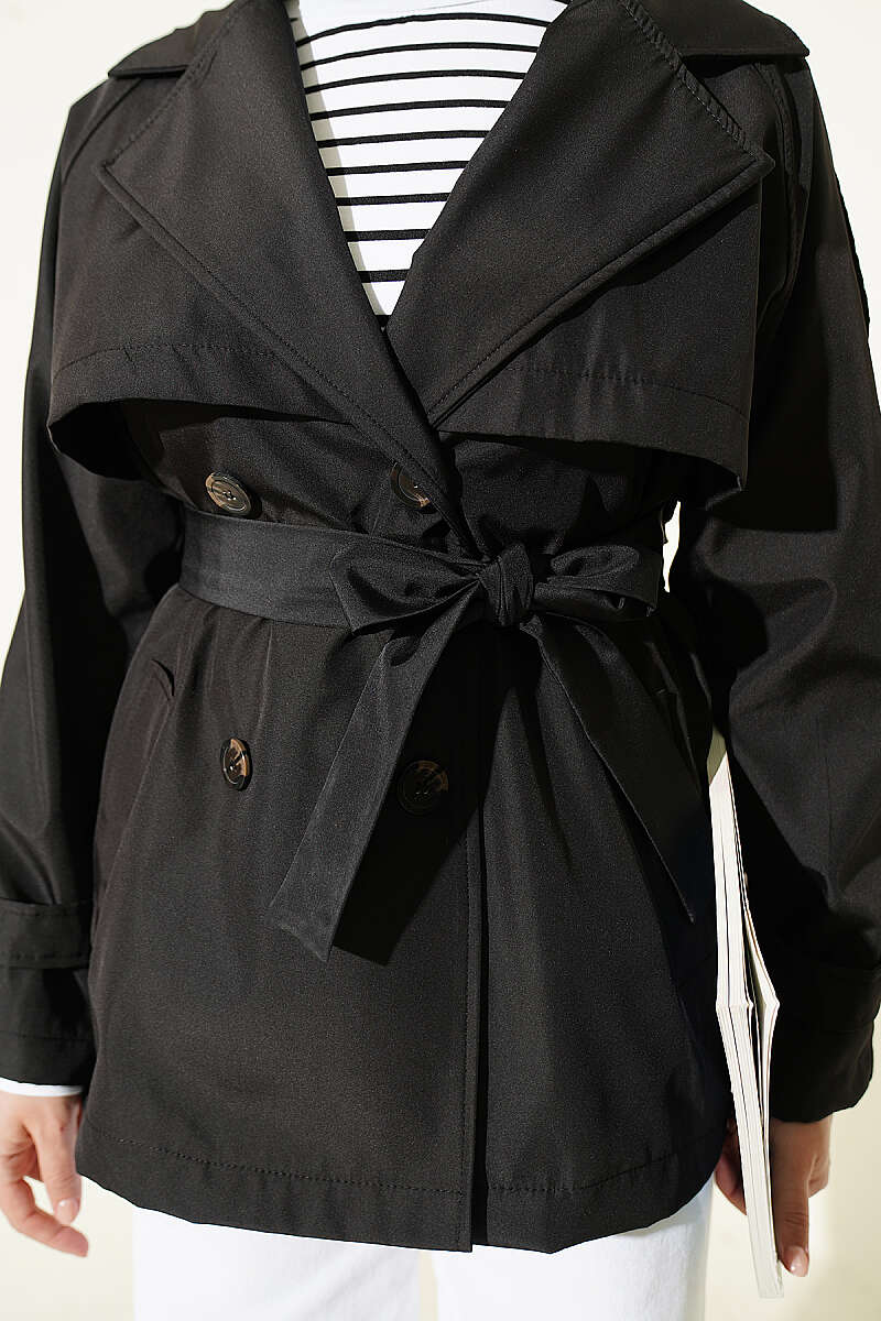 Short Button Trench Coat with Epaulettes - Black