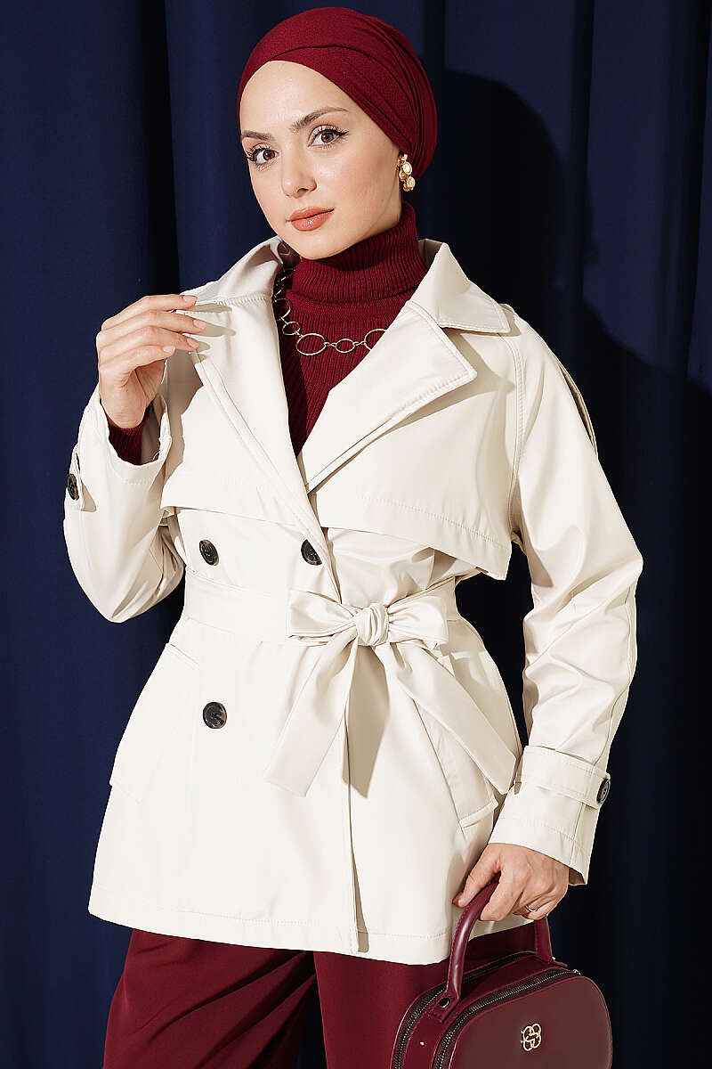 Short Button Trench Coat with Epaulettes - Stone