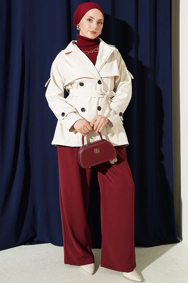 Short Button Trench Coat with Epaulettes - Stone