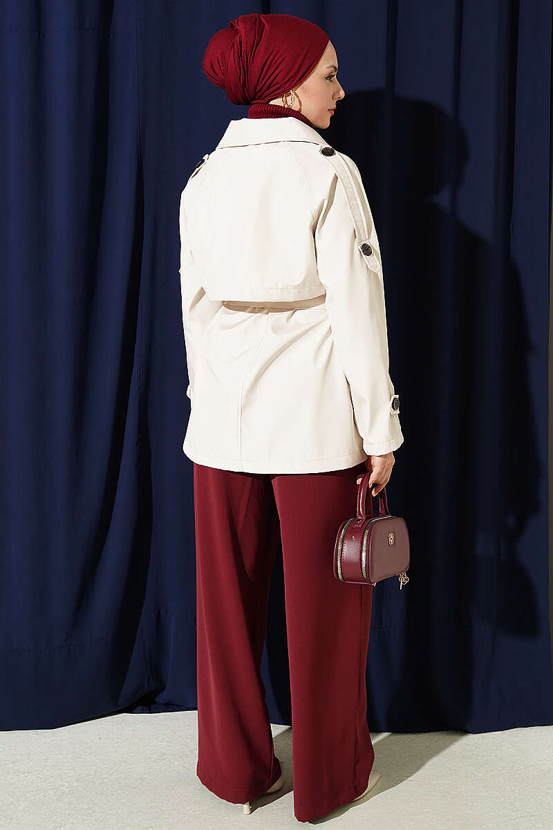 Short Button Trench Coat with Epaulettes - Stone