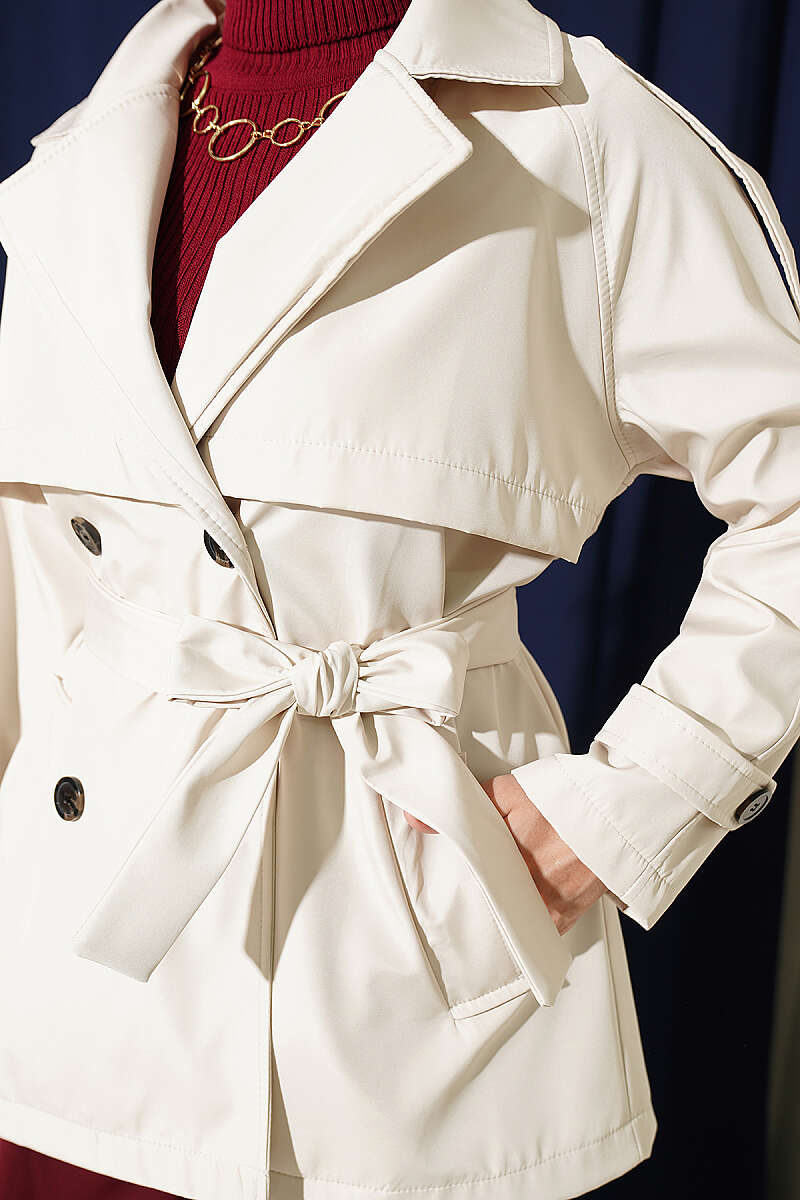 Short Button Trench Coat with Epaulettes - Stone