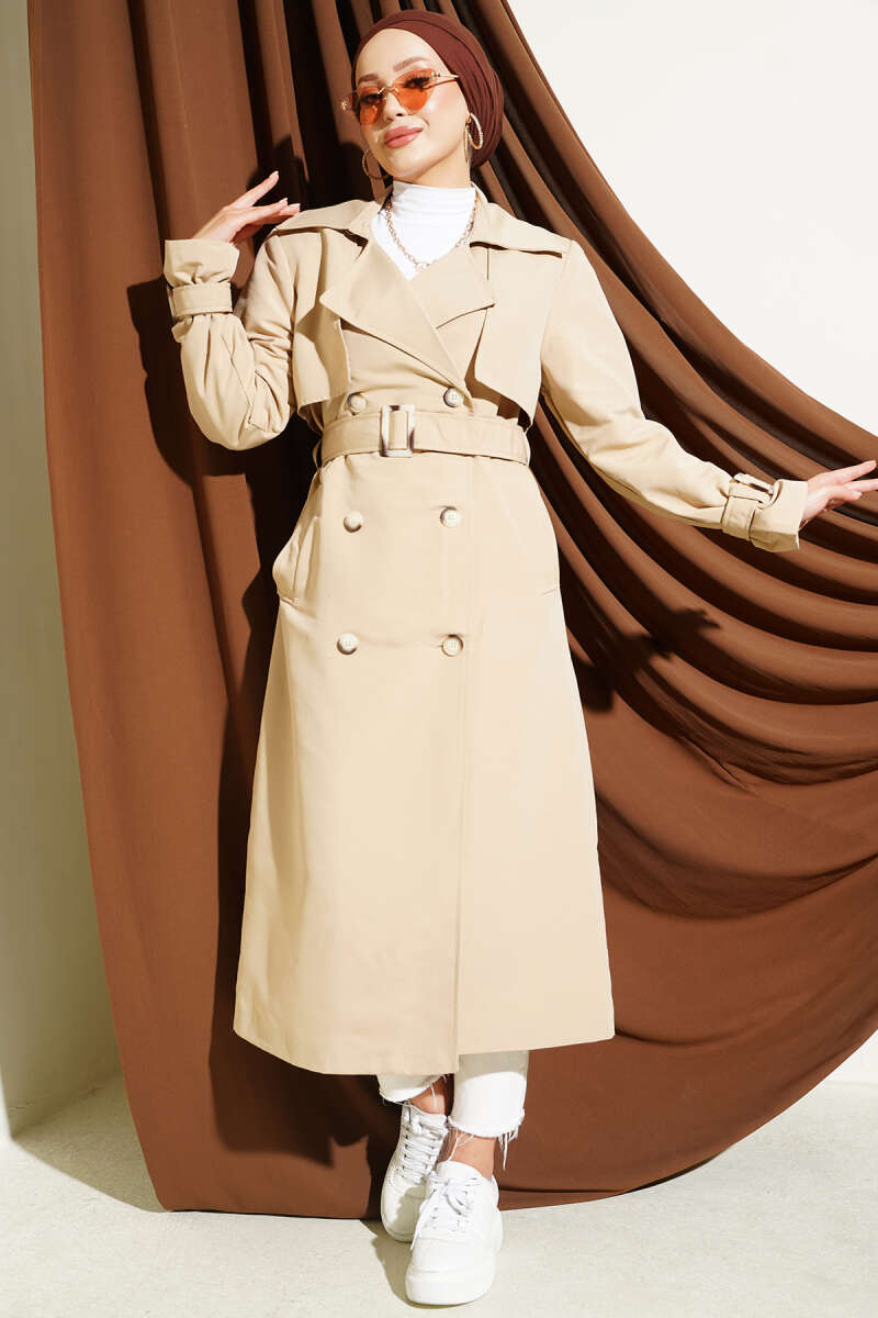 Long Trench Coat with Epaulettes - Beige