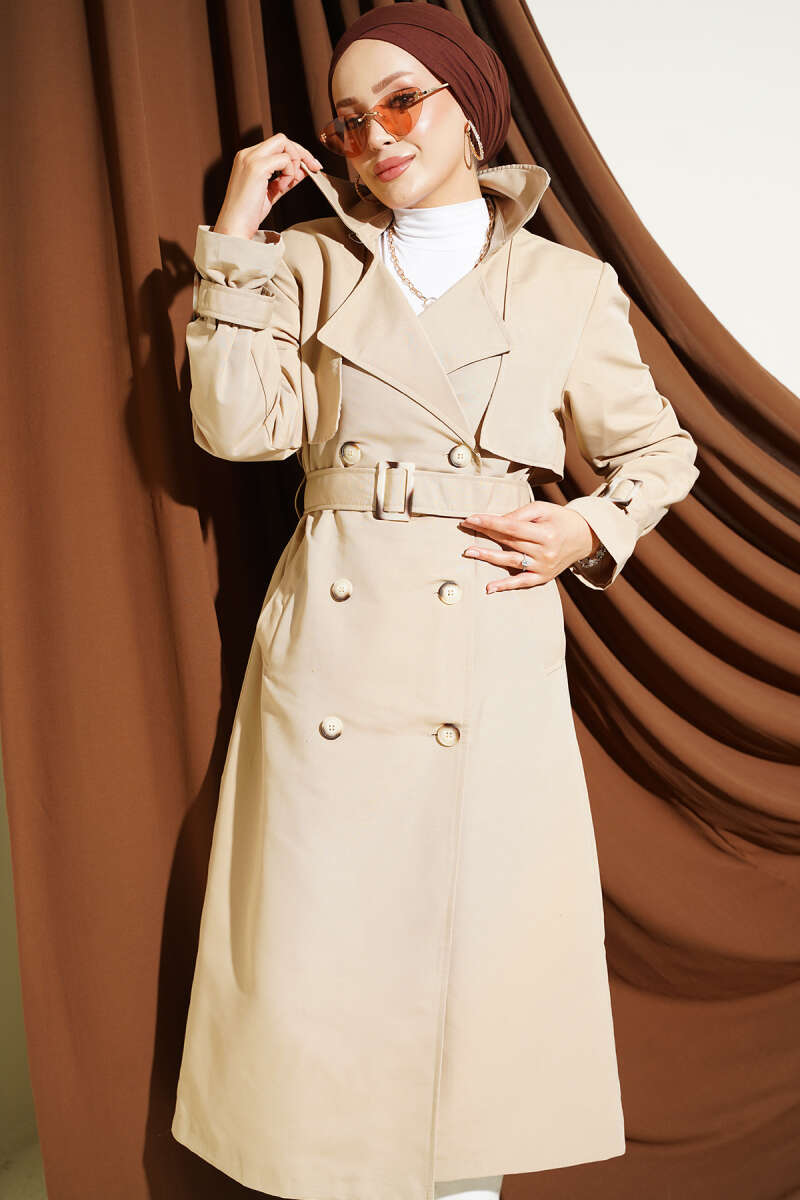 Long Trench Coat with Epaulettes - Beige