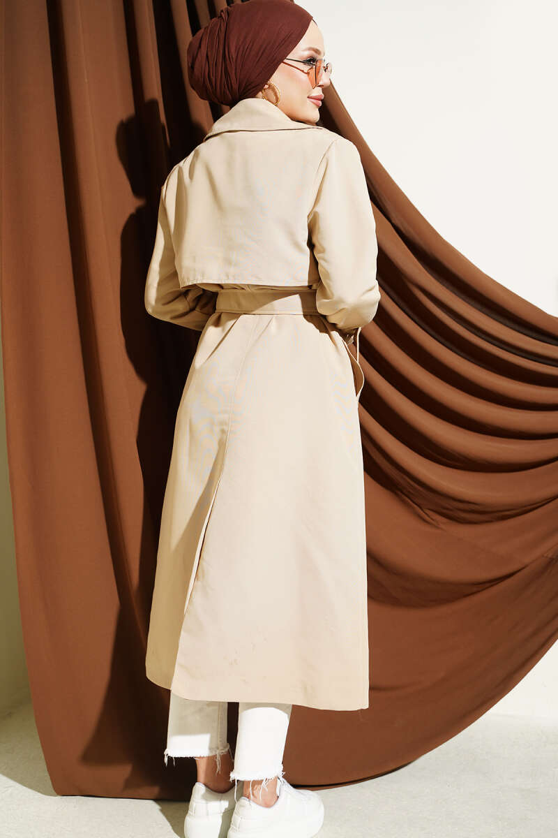 Long Trench Coat with Epaulettes - Beige