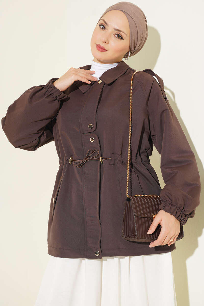 Trench Coat with Epaulettes and Elastic Waist - Dark Brown