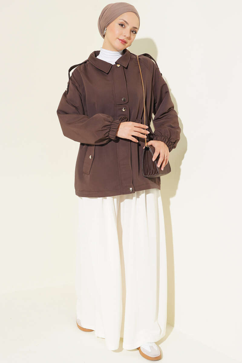 Trench Coat with Epaulettes and Elastic Waist - Dark Brown