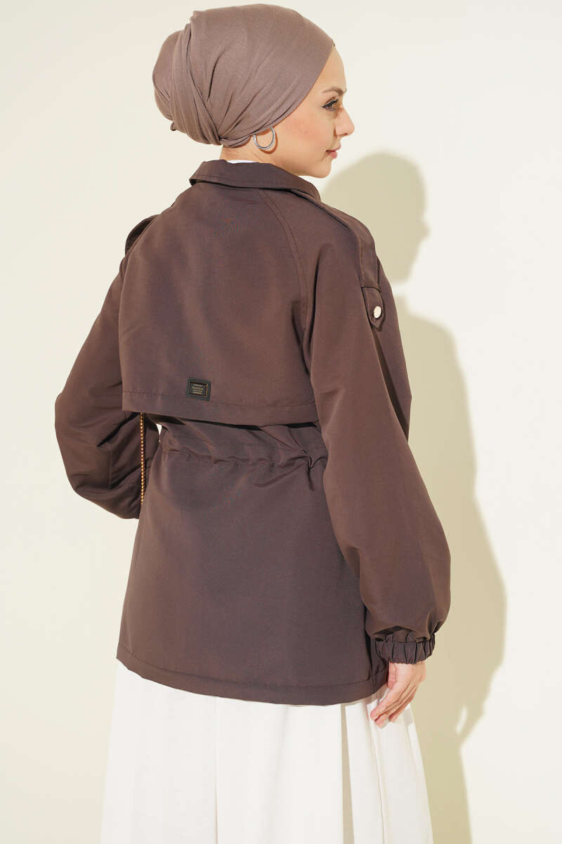 Trench Coat with Epaulettes and Elastic Waist - Dark Brown