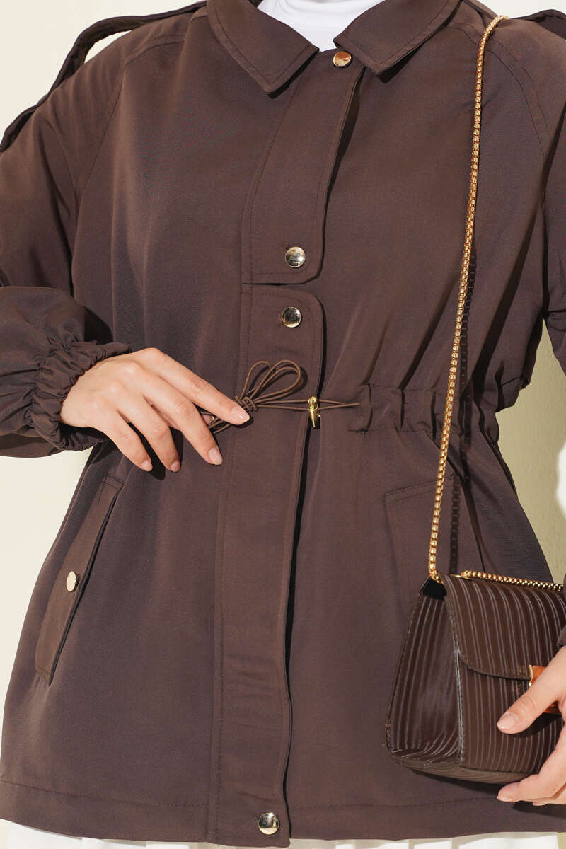Trench Coat with Epaulettes and Elastic Waist - Dark Brown