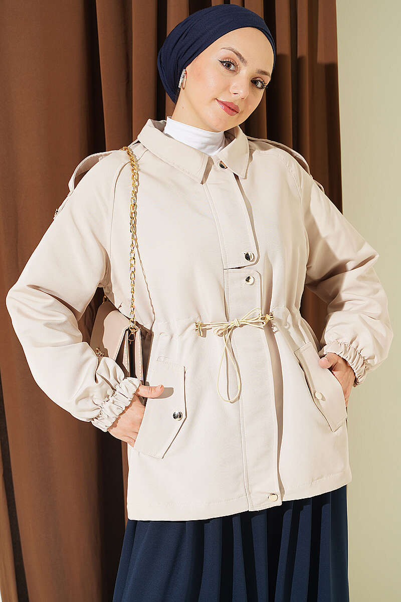 Trench Coat with Epaulettes and Elastic Waist - Beige