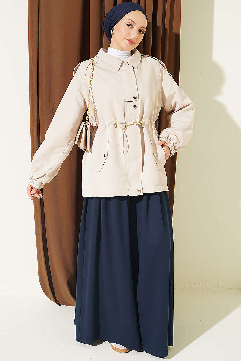 Trench Coat with Epaulettes and Elastic Waist - Beige