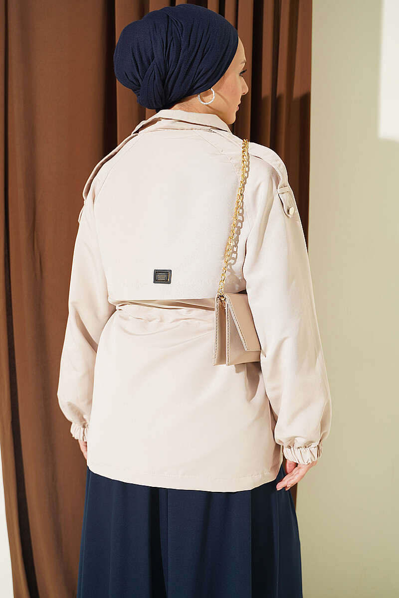 Trench Coat with Epaulettes and Elastic Waist - Beige