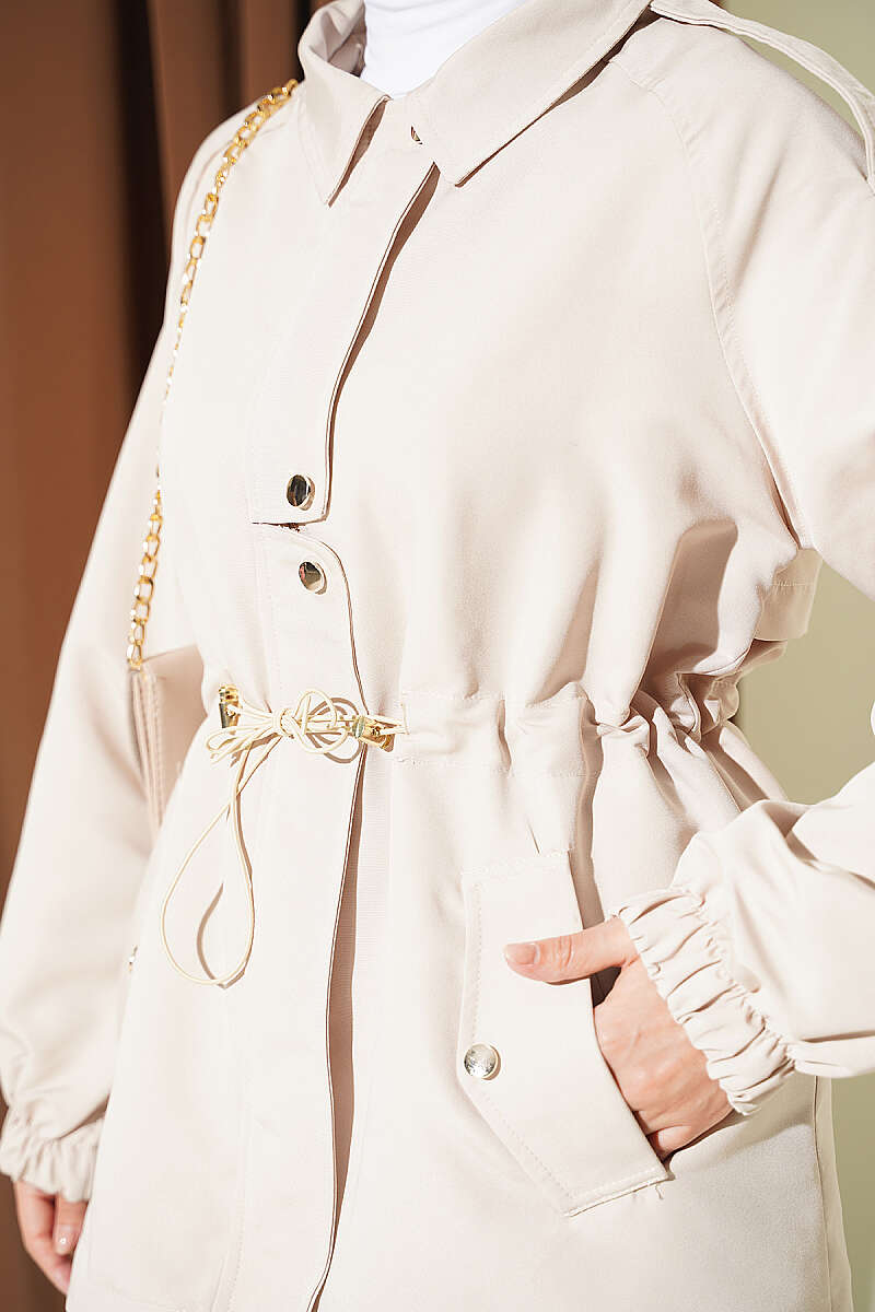 Trench Coat with Epaulettes and Elastic Waist - Beige